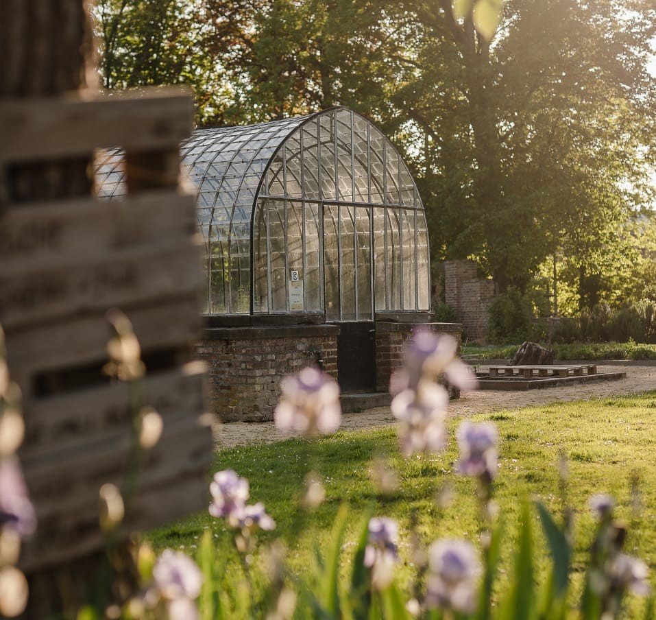 Een glazen kas omringd door groene bomen en bloemen in een zonovergoten tuin.